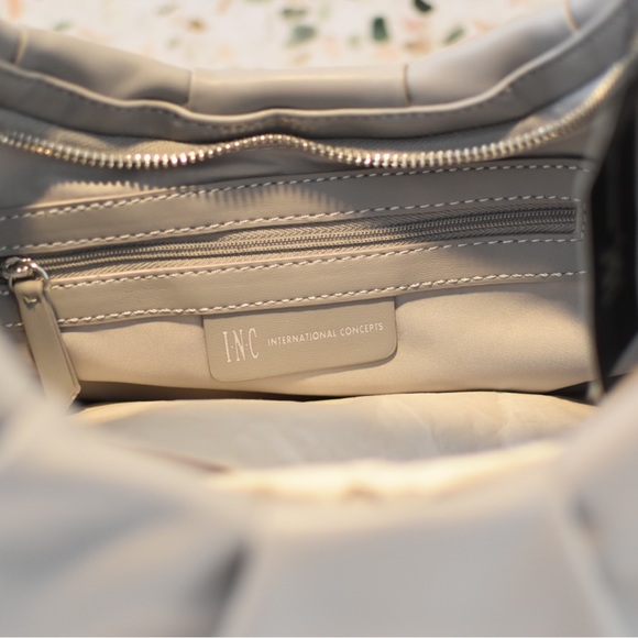 INC KJ Shoulder-Bag Gravity Snakeskin Trim Hobo Handbag Grey Top Zip Puffer - Picture 3 of 3